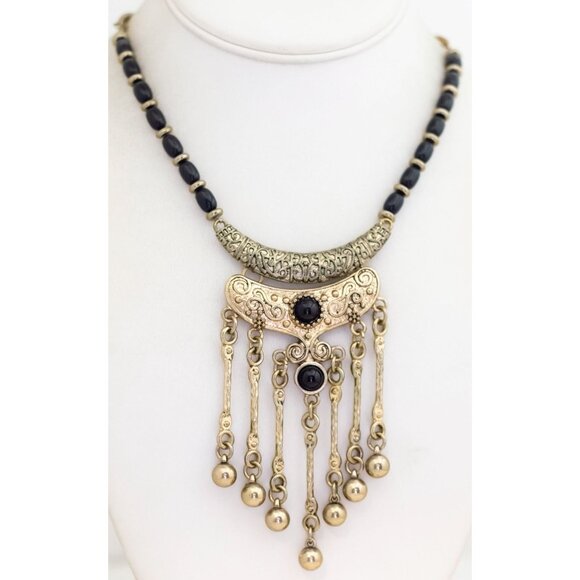 26 inch, Vintage Black Barrel Beads Gold Tone Ball Drop Tassel Necklace - P1 - Picture 2 of 3